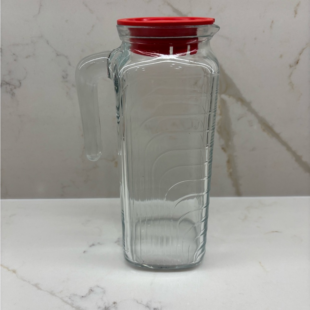 Vintage Covetro Ribbed Glass Pitcher Red Lid Made in Italy 9"